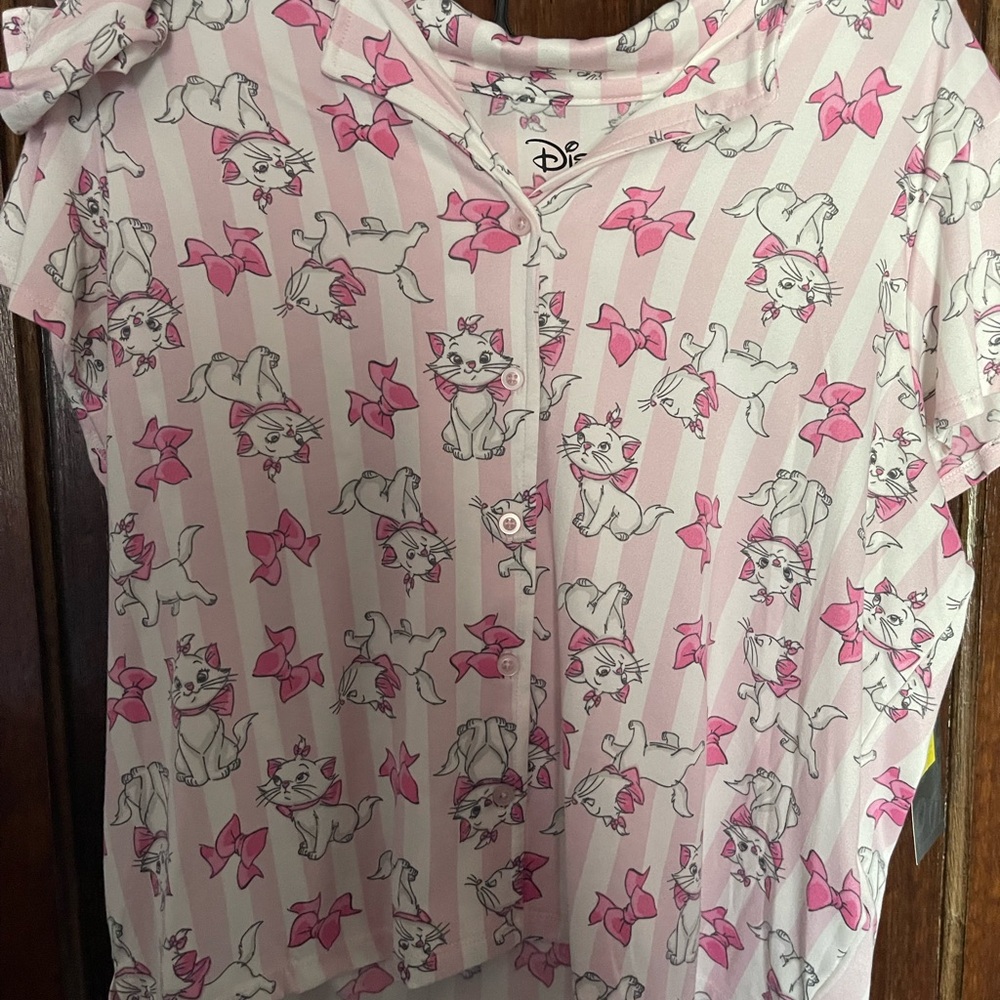 Disney Pink and White Pajama Top with Whimsical Cat Print